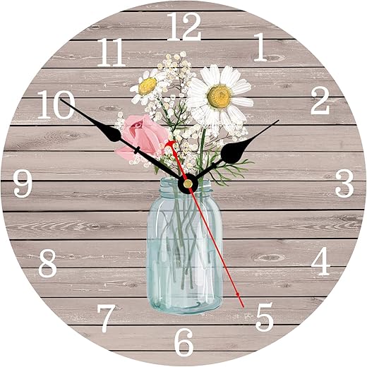 Kitchen Wall Clock 8 Inch Battery Operated Vintage Round Wooden Wall Clocks Classic Flowers in Glass Bottle Style Pattern Art Decor Silent Wall Clock for Home Office Decoration