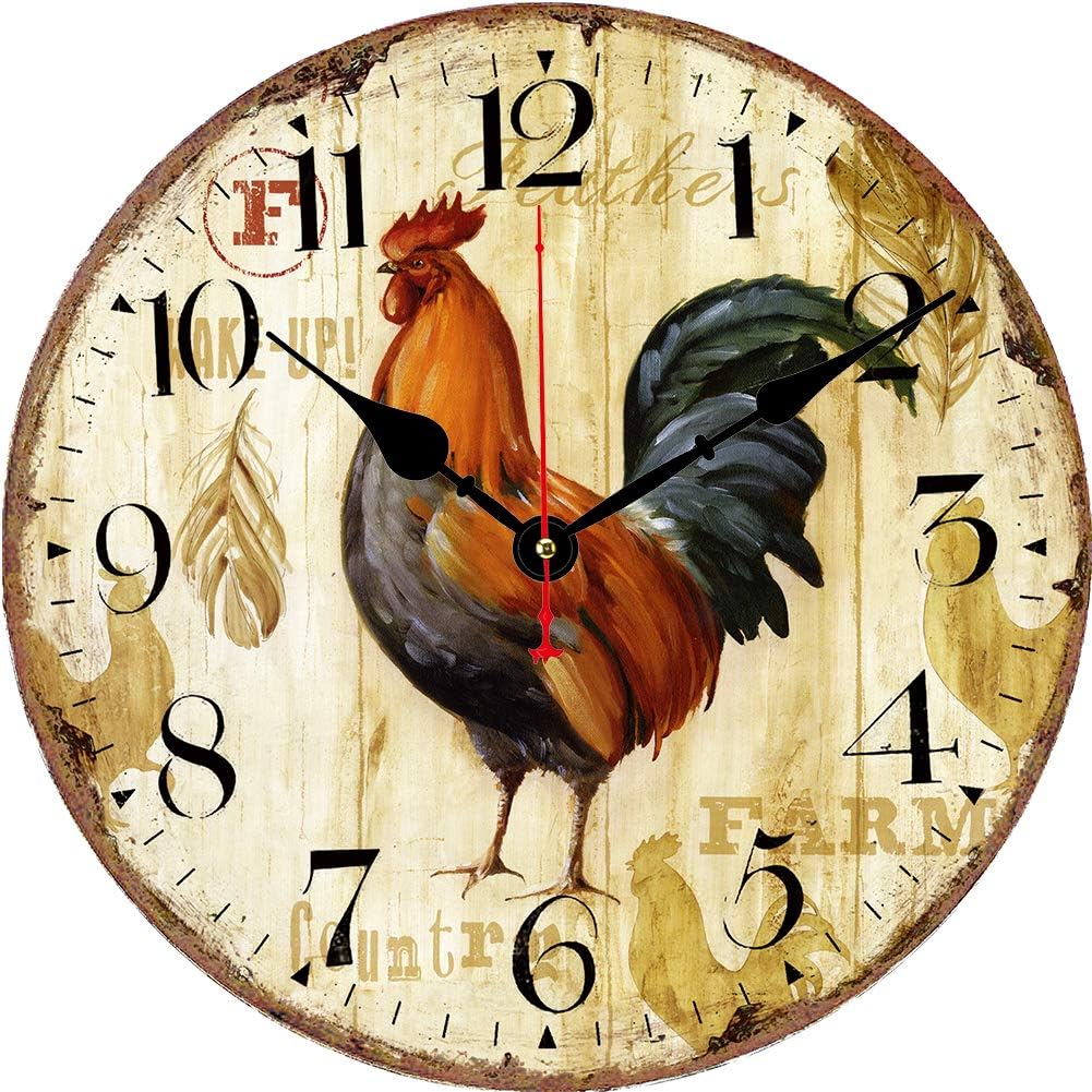 Kitchen Wall Clocks - Home Decorative Animal Wall Clock,14 Inch Silent Non-Ticking Quartz Battery Operated Clock, Easy to Read Arabic Numerals Rooster Pattern Wooden Wall Clocks …