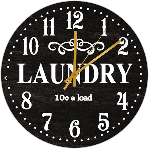 Kitchen Wall Clocks Black Laundry Room Clocks Battery Operated Silent Wall Clock Non Ticking 10 inch Laundry Wood Clock for Bathroom Housewarming Gift Modern Round Clock