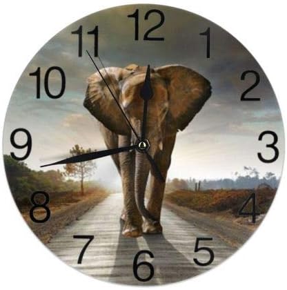 KiuLoam African Elephant Round Wall Clock Silent Non Ticking Battery Operated Easy to Read for Student Office School Home Decorative Clock Art (One Size, Elephant)