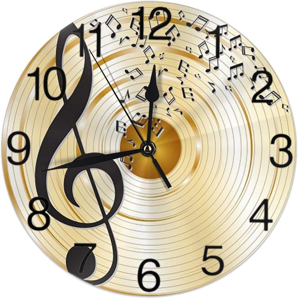 KiuLoam Music Notes and Treble Clef Round Wall Clock Silent Non Ticking Battery Operated Easy to Read for Student Office School Home Decorative Clock Art