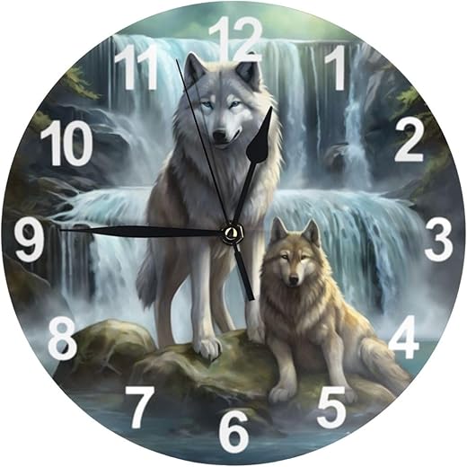 KiuLoam Silent Non Ticking Round Wall Clock, 3D Printed Wolf Home Decor Battery Operated Decorative for Living Room, Kitchen, Bedroom Clock Art