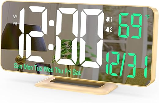 KOSUMOSU Desk Clock for Bedroom Accessories 6.7in Gold Digital Alarm Clock with Dimming,12/24h, Date, Day of Week, Temp, LED Clock, Modern Digital Calendar Clocks for Living Room Essentials