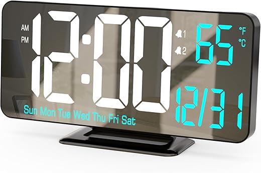 KOSUMOSU Digital Alarm Clock 6.7in Black Clock for Bedroom, Dual Alarm, Date, Seconds,Day of Week,12/24h,Dimming, Temp, Desk Clock, LED Clock for Living Room, Calendar Digital Clock