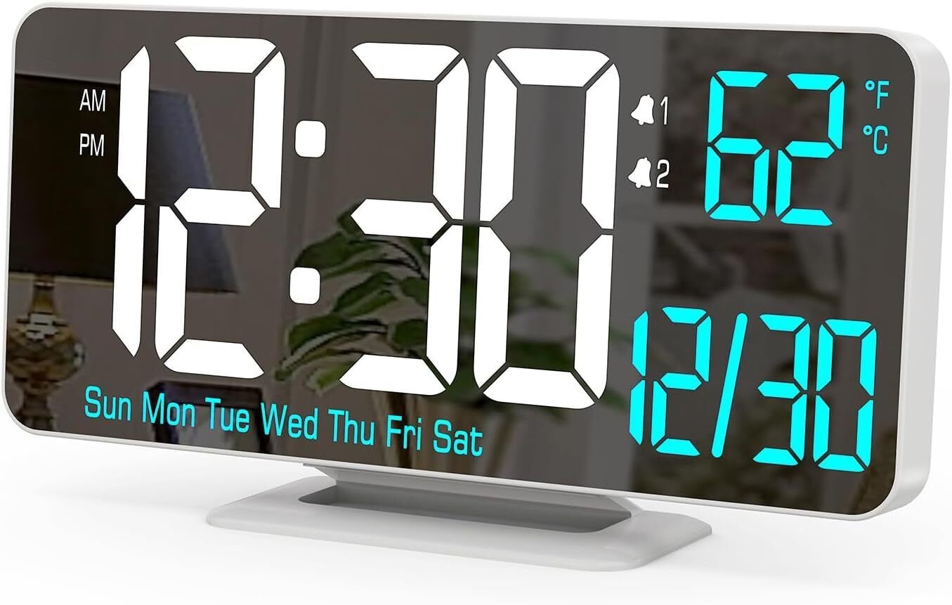 KOSUMOSU Digital LED Clocks for Bedrooms White Clock(white + Blue Digits)