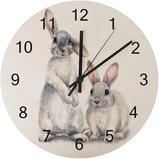 Kuizee Wall Clock Cute Furry Rabbit Watercolor Bunny Uncovered Wooden Mute Decoration Home Office Bedroom 12Inch