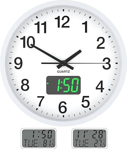 KWANWA Modern Wall Clocks, Light Sensor/LED Time Display/LCD Time Date and Temperature, Battery Operated, 12 Inch Wall Clock Silent Non-Ticking Analog Classic for Office, Home, Gym, School