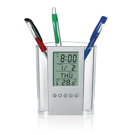 Labymos Pen Pencil Holder Digital LCD Desk Alarm Clock Pen Holder Calendar Timer Temperature Desktop Electronic Clock Office