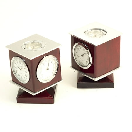 Lacquered Rosewood Weather Station with Clock, Thermometer, Hygrometer, Compass Top and Engraving Plate.