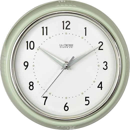 La Crosse Clock 404-3024PH 9.5-inch Retro Diner Pistachio Green Quartz Wall Clock