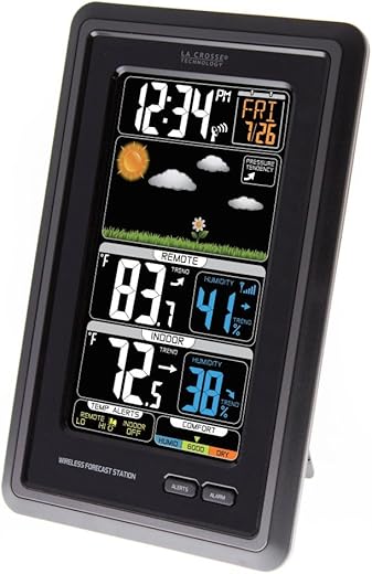 La Crosse Technology 308-1425B-INT Vertical Wireless Color Weather Station with Pressure, Black