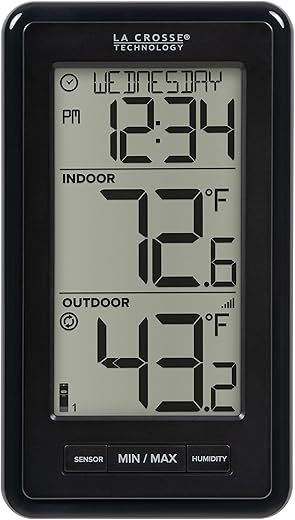 La Crosse Technology 308-43647-INT Digital Black Wireless Thermometer with Indoor Humidity, LCD