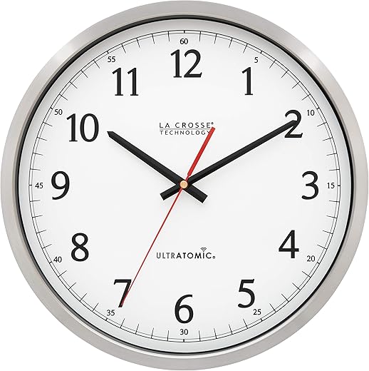 La Crosse Technology 404-1235UA-PL UltrAtomic 14 inch Stainless Steel Wall Clock, Shatterproof Lens, Silver