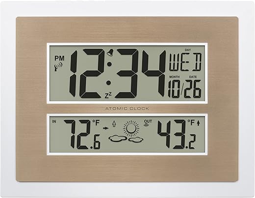 La Crosse Technology 512-14937-INT Atomic Digital Wall Clock with Temperature & Forecast in White/Champagne