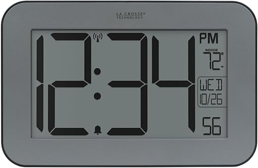 La Crosse Technology 513-02927 Atomic Digital Clock with Indoor Temp and Calendar - 4inch Large Digits - Silver Finish - Wall Mount and Table Top