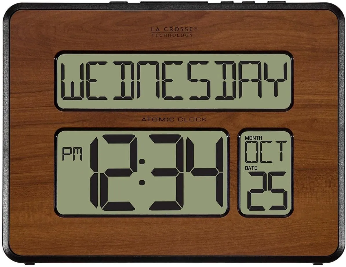 La Crosse Technology 513-1419-WA-INT Atomic Large Full Digital Calendar Clock, Walnut, 9.84"L x 1.14"W x 7.48"H