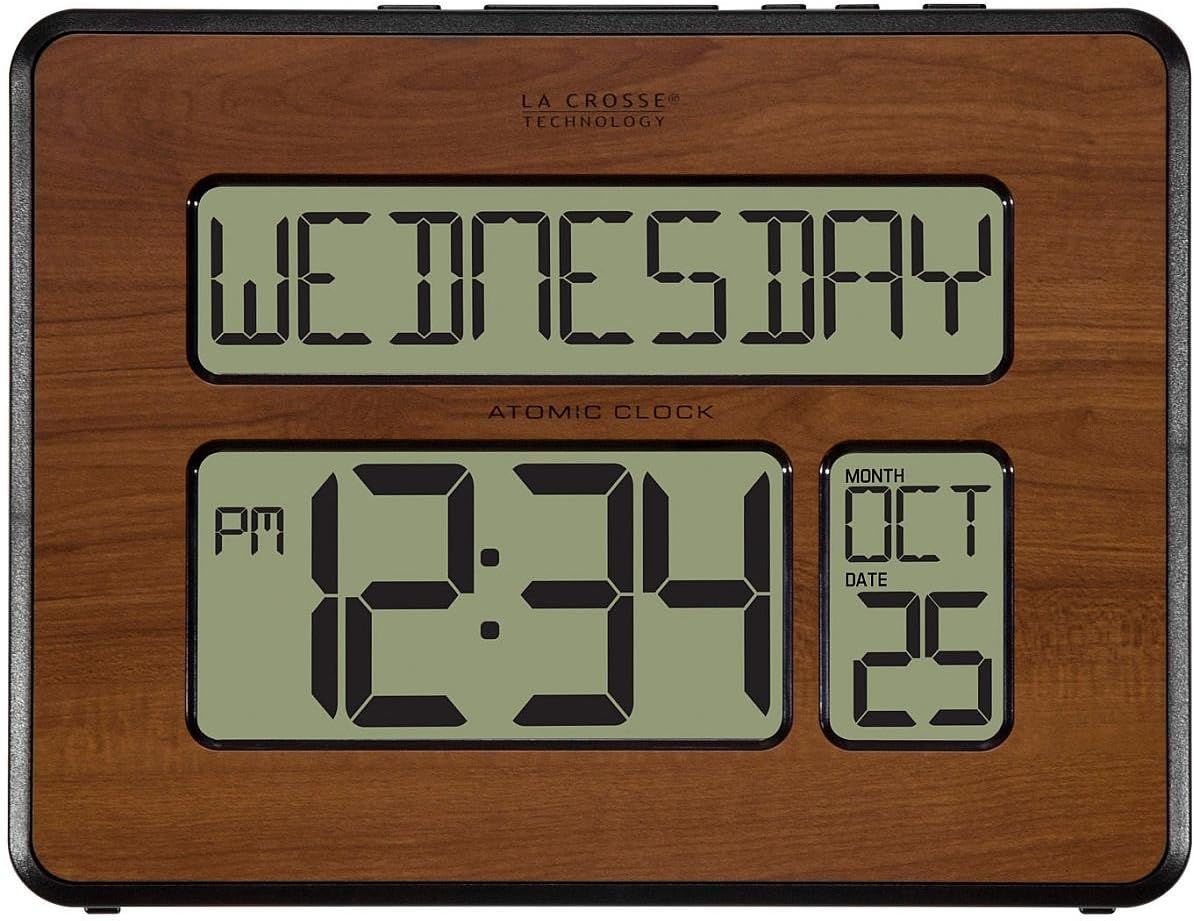 La Crosse Technology 513-1419-WA-INT Atomic Large Full Digital Calendar Clock, Walnut, 9.84