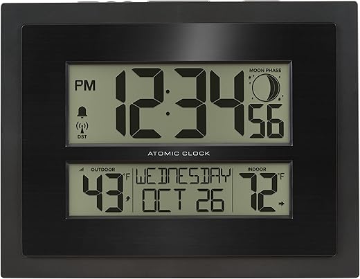 La Crosse Technology 513-75624-INT Digital Atomic Clock with Outdoor Temperature and Moon Phase,Black