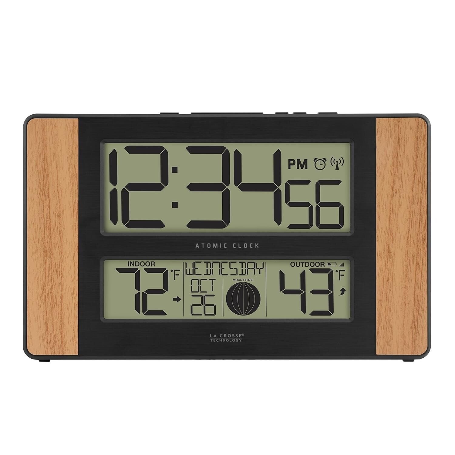 La Crosse Technology Atomic Digital Clock with Outdoor Temperature Wood Oak