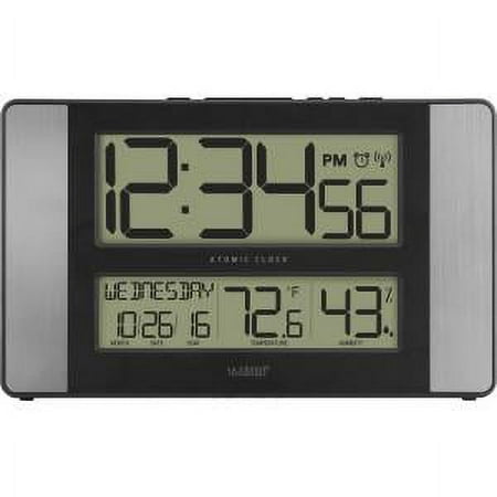 La Crosse Technology Atomic Digital Wall Clock with Indoor Temperature and Humidity, Gray