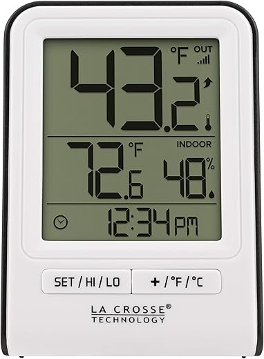 La Crosse Technology Wireless Indoor/Outdoor Temperature Monitor with Hi/Low Records, Humidity, 12/24 Hour Time - 330 Foot Transmission Range