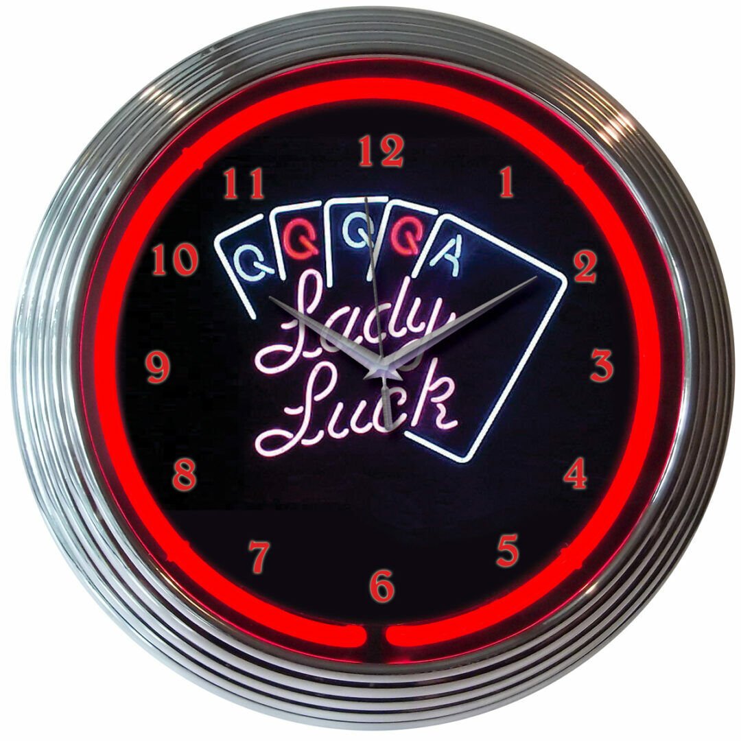 Lady Luck Poker Cards Red Neon Wall Clock 15" Diameter 8LADYX Neonetics