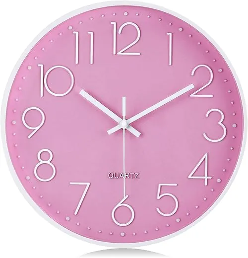 Lafocuse 12 Inch 3D Numbers Pink Wall Clock for Living Room Decor, Modern Kitchen Wall Clock Battery Operated Silent Non-Ticking Bedroom Home Office