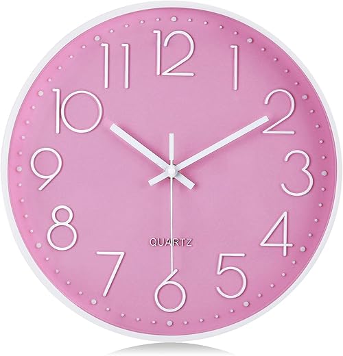 Lafocuse 12 Inch 3D Numbers Pink Wall Clock for Living Room Decor, Modern Kitchen Wall Clock Battery Operated Silent Non-Ticking Bedroom Home Office