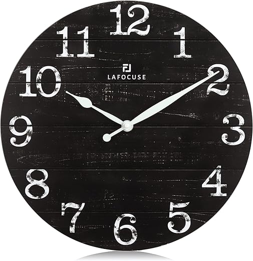 Lafocuse 12 Inch Rustic Farmhouse Wooden Black Wall Clock Silent Non Ticking,Battery Operated Vintage Shabby Chic Distressed Retro Clock Decorative for Living Room Kitchen Bedroom Office-Version 2.0