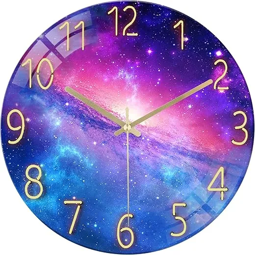 Lafocuse 12 Inch Silent Non-Ticking Glass Galaxy Wall Clock for Living Room Decor, Modern Kitchen Wall Clock Battery Operated Bedroom Home Office