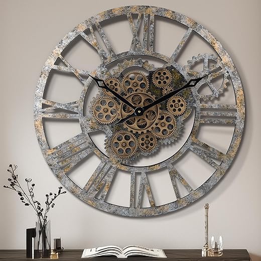 Lafocuse 23 Inch Gear Clock with Moving Gears Exposed, Farmhouse Rustic Large Wall Clock with Gears, Steampunk Moving Gears Wall Clock Bronze for Living Room Decor Office Home