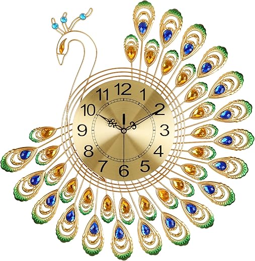 Lafocuse 23 Inch Silent Metal Large Luxury Crystal 3D Peacock Wall Clocks for Living Room Decor, Modern Art Big Mid Century Wall Clock Colorful Elegant for Home Bedroom Office Indoor