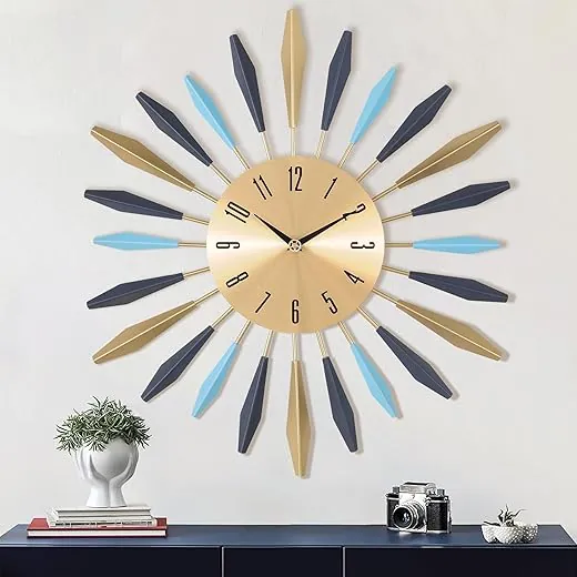 Lafocuse 23 Inch Silent Metal Mid Century Wall Clocks for Living Room Decor, Colorful Sunburst Starburst Large Wall Clock Battery Operated Mordern Art Deco Kitchen Office