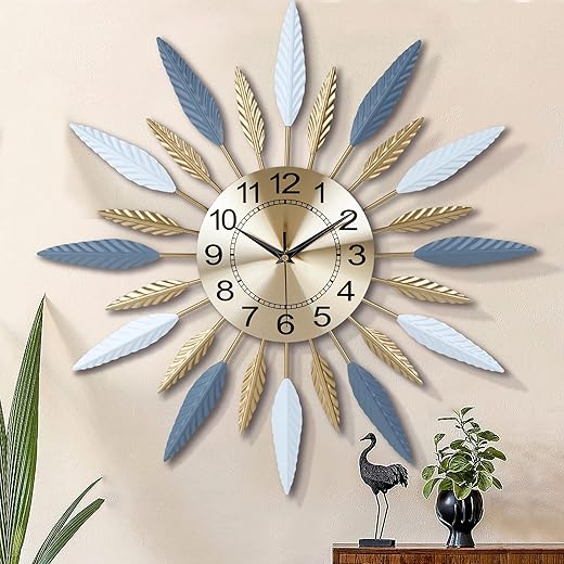 Lafocuse 23 Inch Silent Metal Mid Century Wall Clocks for Living Room Decor, Colorful Leaf Sunburst Starburst Large Wall Clock Battery Operated Mordern Art Deco Kitchen Office