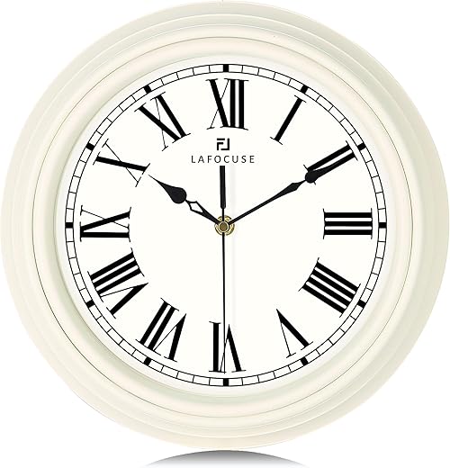 Lafocuse Cream Wall Clock Roman Numerals 12 Inch Silent Non-Ticking Kitchen Clock for Living Room Office Bedroom Home Decor-Version 2.0