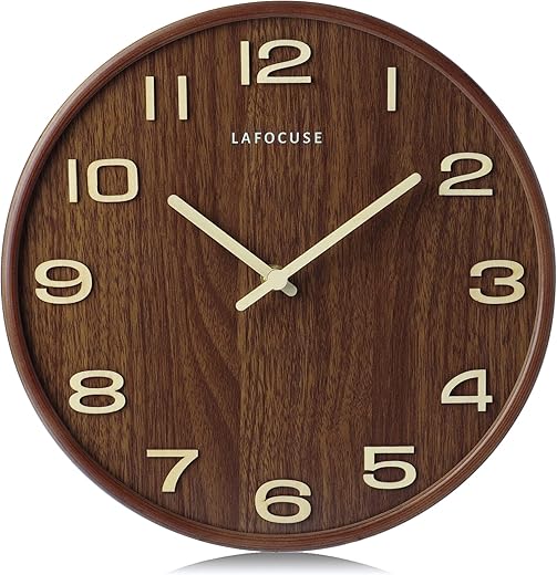 Lafocuse Silent Brown Wooden Wall Clock 3D Numbers Battery Operated, Modern Kitchen Wall Clock for Living Room Office Bedroom Home Decor 12 Inch