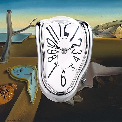 Lafocuse Silent Melting Clock Silver, Salvador Dali Watch Melted Clock, Surrealism Dripping Clock, Funny Creative Gift Shelf Clock for Home Kitchen Office Desk Table