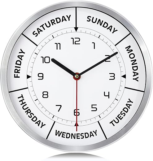 Lafocuse Silent Metal Days of The Week Wall Clock, Silver Unique Day Clocks for Seniors, Retirement Clock Day of Week Battery Operated for Living Room Decor Bedroom Office 12 Inch-Version 2.0