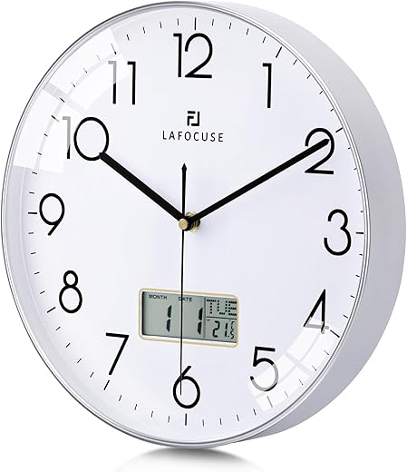 Lafocuse Silver Wall Clock with Date,Month,Day of Week and Temperature, Silent Non-Ticking Battery Operated Clock for Living Room Bedroom Office Decor