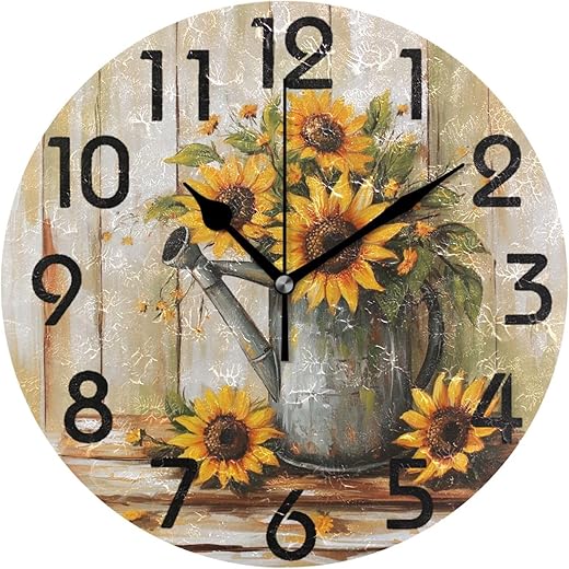 Large 10 Inch Decor Round Wall Clock, Old Watering Can Sunflower Painting Battery Operated Analog Quiet Non Ticking Desk Clock for Home/Kitchen/Living Room/Bedroom/Bathroom/Office