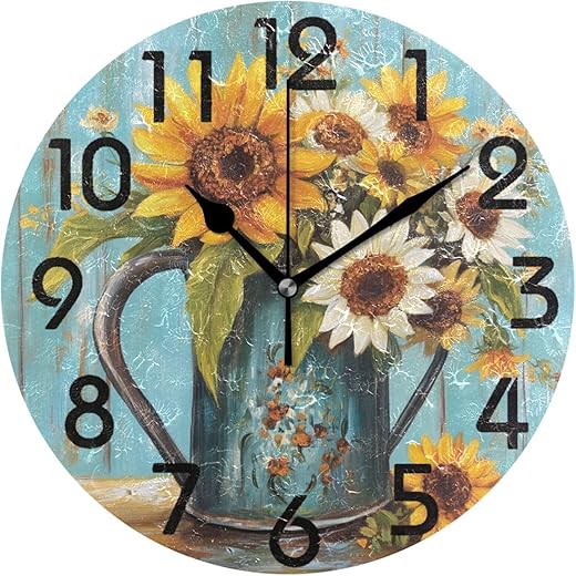 Large 10 Inch Round Wall Clock, Retro Watering Can Sunflower Bouquet Battery Operated Analog Quiet Non Ticking Desk Clock Decor for Home/Kitchen/Living Room/Bedroom/Bathroom/Office/Classroom