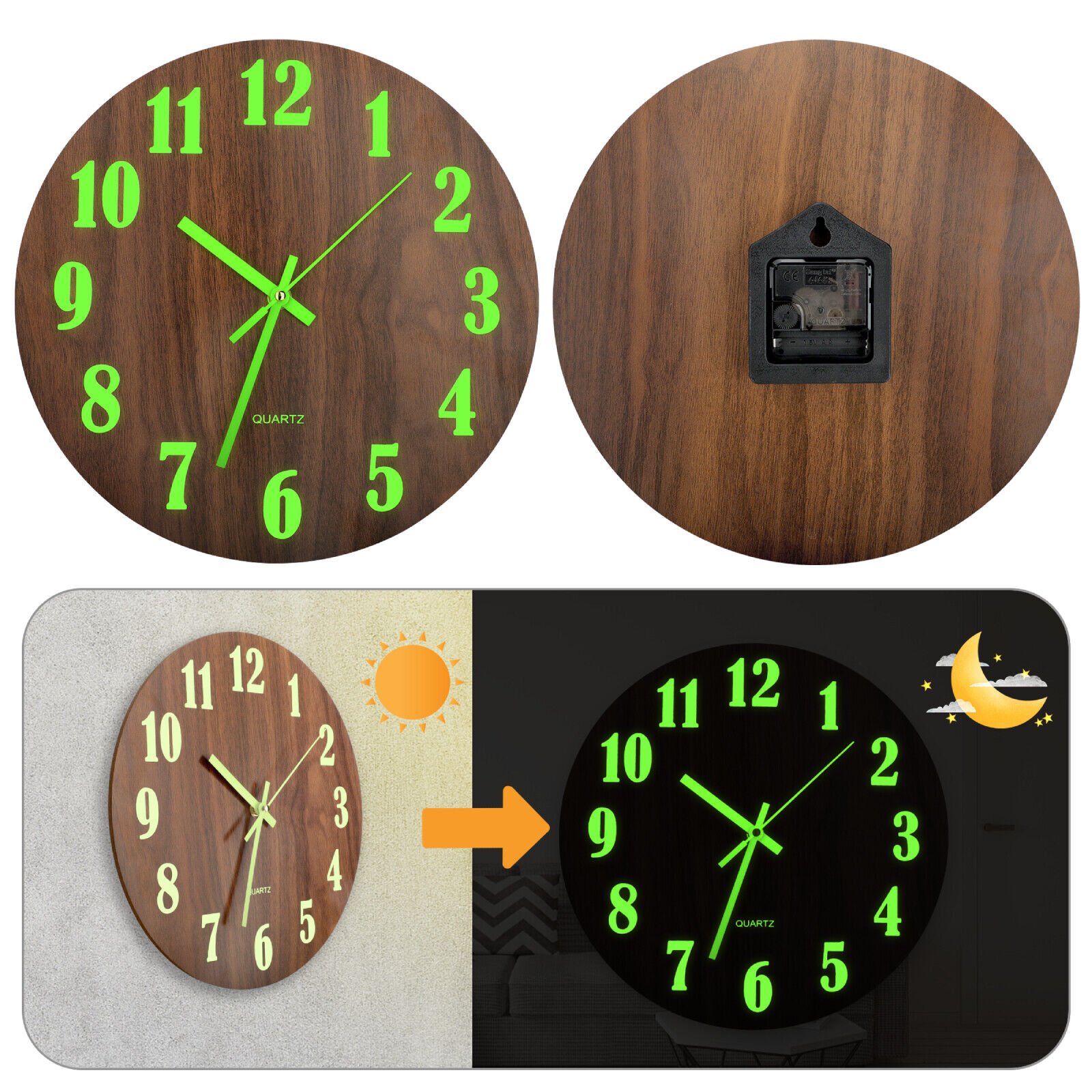 Large 12 inch Modern Battery Wall Clock Luminous Glowing in Night Quartz Silent