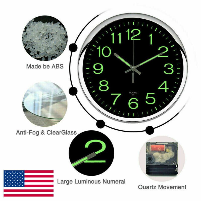 Large 12 inch Modern Battery Wall Clock Luminous Glow Night Light Quartz Silent