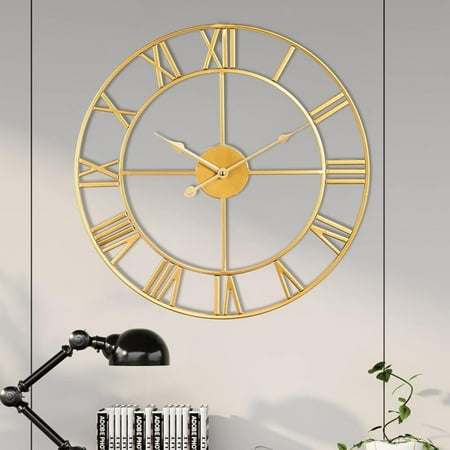 Large battery wall clock - Antique Roman style oversized - Modern metal bedroom decoration - Silent round wall clock without tick -tac for living room, bedroom, kitchen, farm.