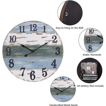 Large Beach Coastal Nautical Wall Clock, 18 Inch Wooden Wall Clocks Battery