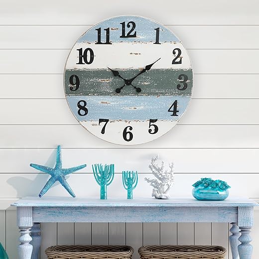 Large Beach Coastal Nautical Wall Clock, 24 Inch Wooden Wall Clocks Battery Operated,Vintage Farmhouse Decorative for Living Room, Kitchen, Home, Bedroom, Laundry Room, Blue