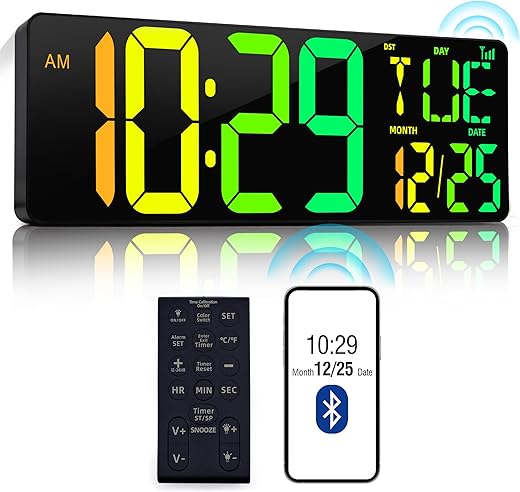 Large Digital Wall Clock 17.2 Bluetooth Auto Time Sync Led Digital Clock Large Display 11 RGB Colors Digital Calendar Auto-Dimming/DST Big Timer With Remote For Living Room Classroom Decor Garage