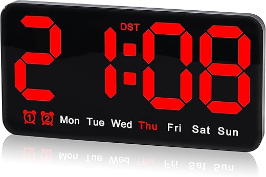 Large Digital Wall Clock,9.5 Inch,Led Alarm Clock with Big Digits,DST,Dual Alarm,3-Level Brightness for Living Room Bedrooms Classroom Decor-Red