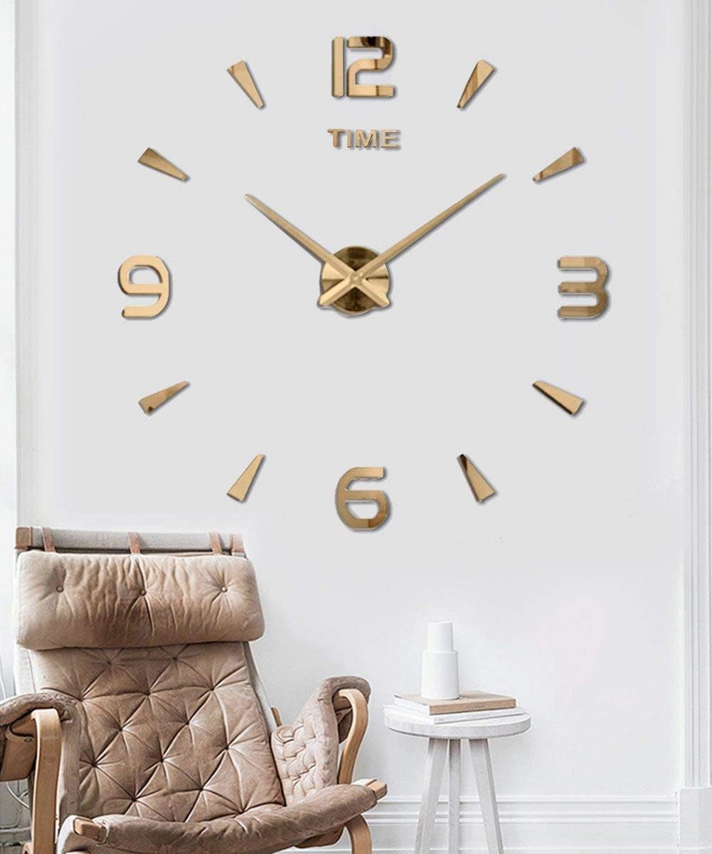 Large DIY Wall Clock Kit, 3D Modern Frameless Wall Clock with Mirror Number Stickers for Home Living Room Bedroom Office Decoration-Gold 022