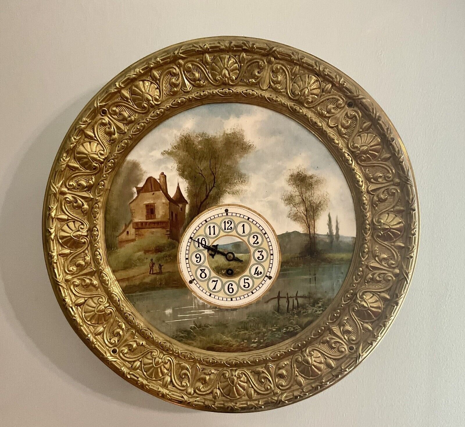 Large Dutch Wall Clock 18.5โ Antique Porcelain Plate Embossed Brass Working